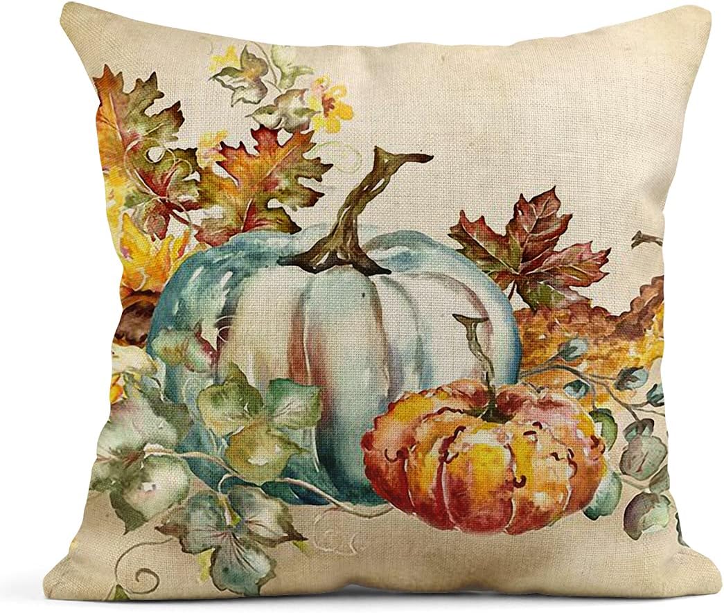 rouihot Juego de 4 fundas de almohada cuadradas de lino de 24 x 24 pulgadas, color naranja otoñal, calabaza, acuarela, decoración del hogar, fundas