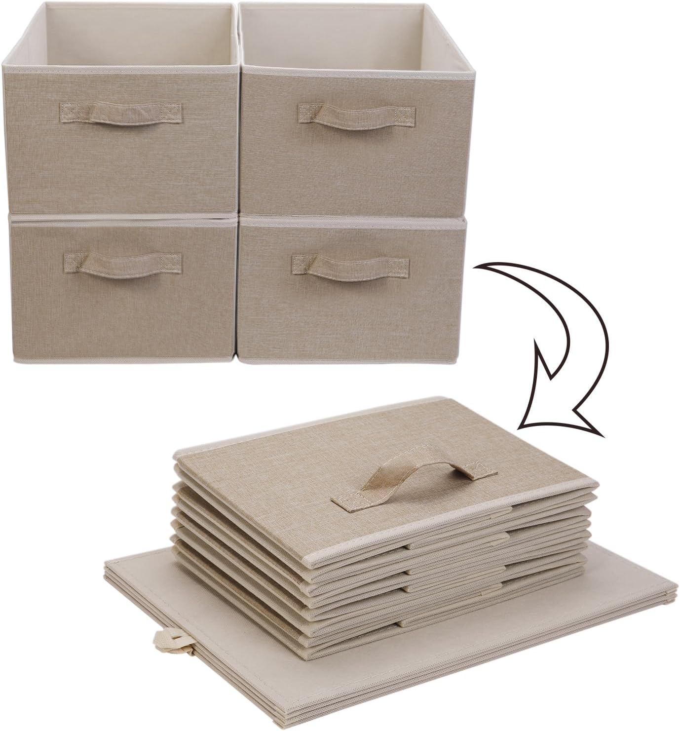 BOMKEE Contenedores plegables de sorage, cestas de almacenamiento plegables de tela con asas, para el hogar y la oficina (juego de 4, beige, 15.4 x
