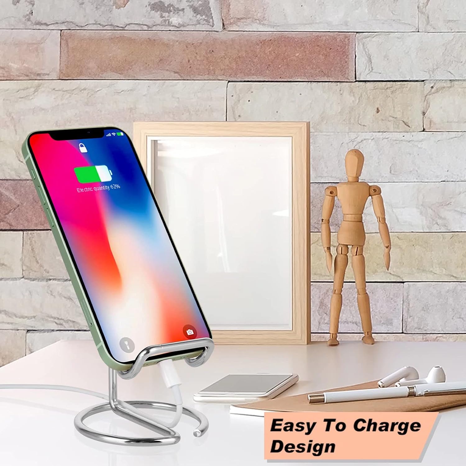 Paquete de 2 soportes para teléfono celular para escritorio, bonito soporte de metal plateado para teléfono celular, accesorios de escritorio,