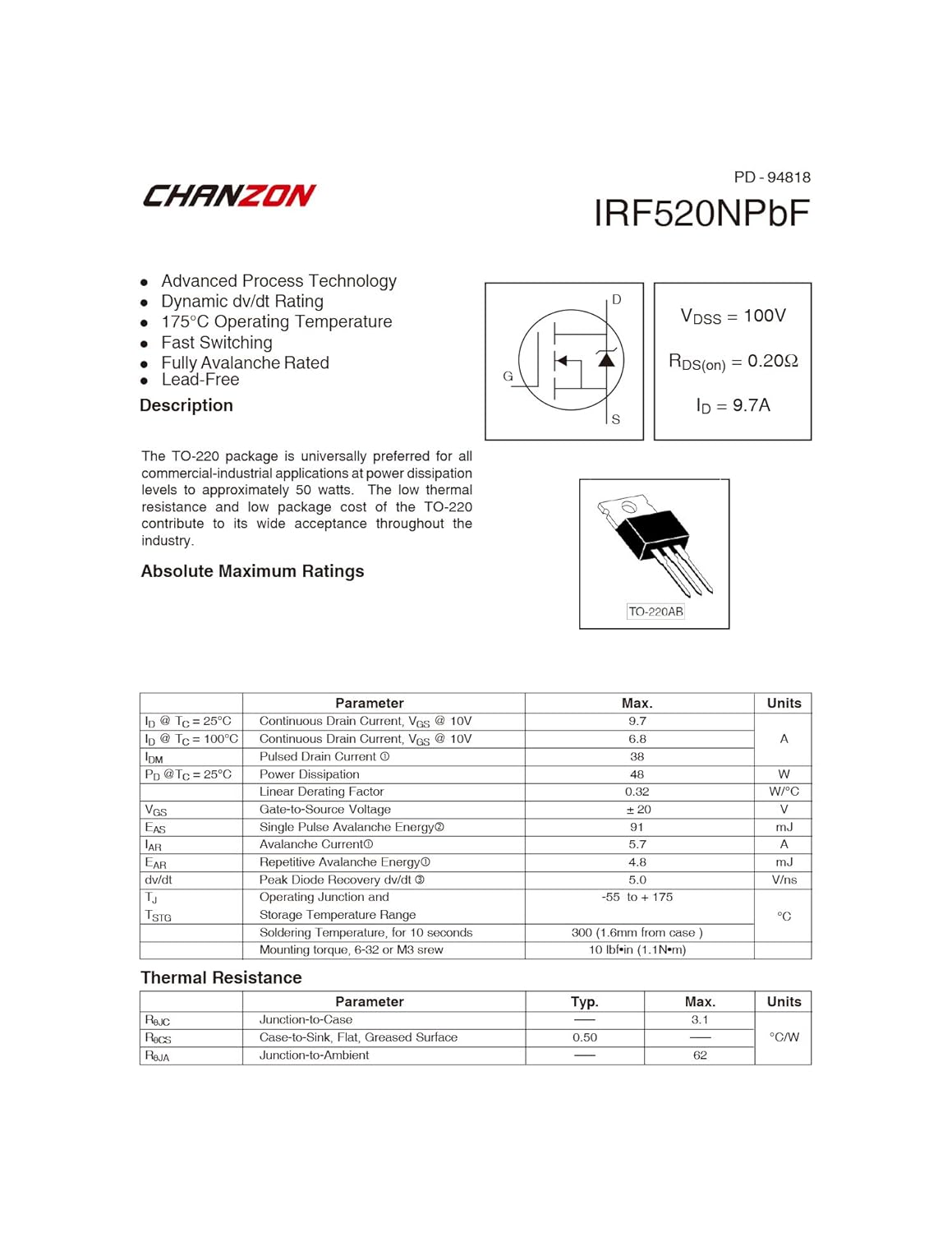 Chanzon IRF520 IRF520N IRF520NPBF NMOS 100V 9.7A transistor MOSFET de potencia de canal N ESD nominal A-220 (paquete de 10 piezas)
