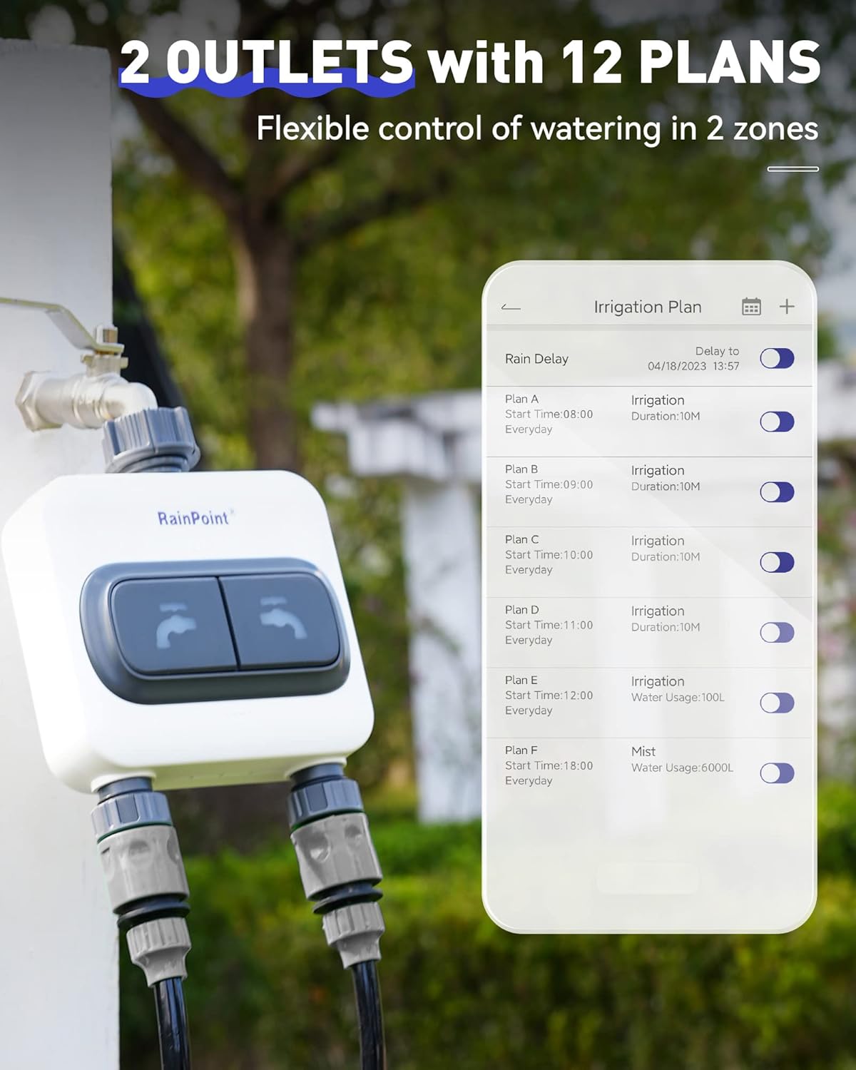 RAINPOINT Temporizador de agua WiFi para manguera de jardín  6 planes separados, riego por galón y tiempo, modo de riego y niebla, fácil de usar,