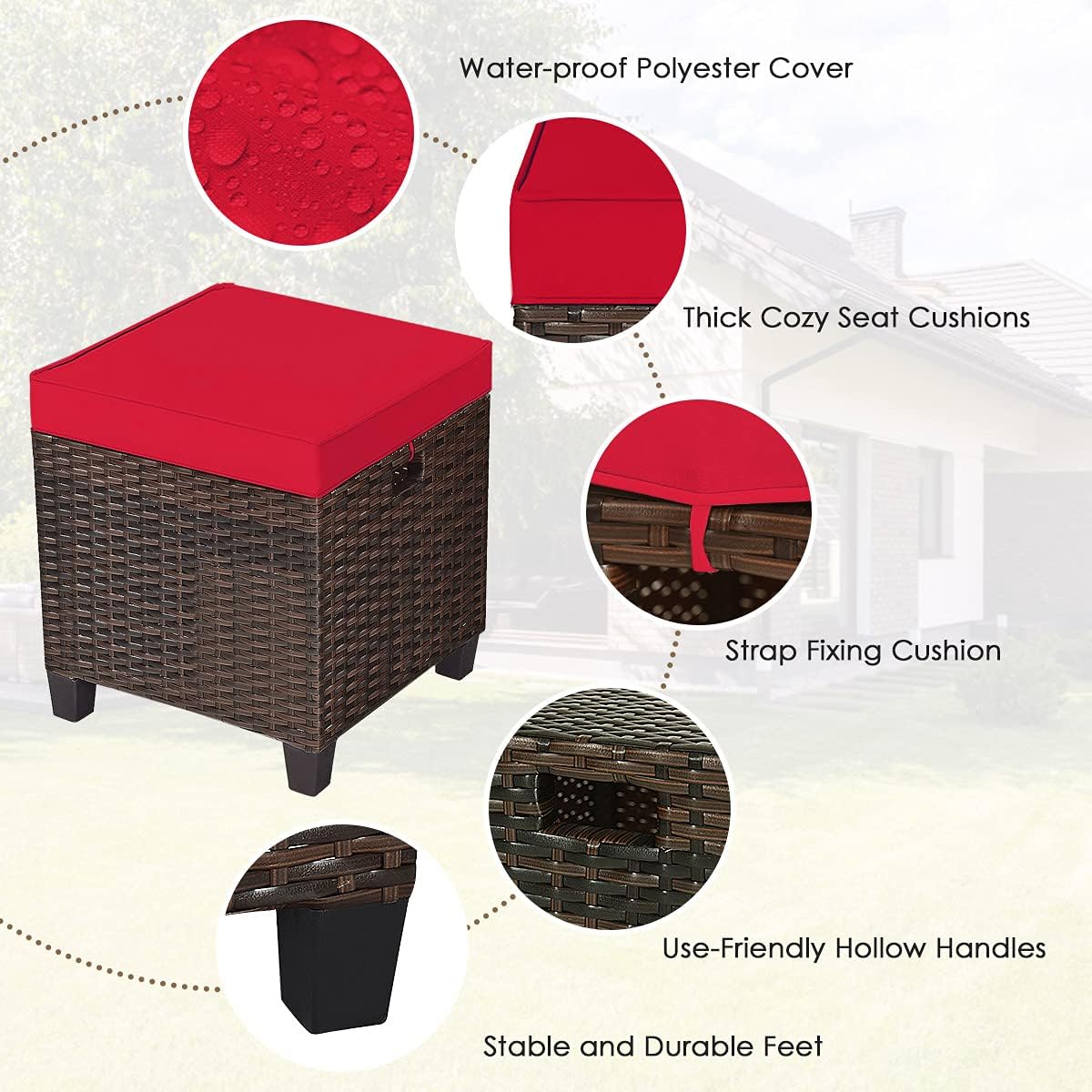 HAPPYGRILL Juego de 2 piezas otomanas de mimbre de ratán para exteriores, con cojines extraíbles, muebles de patio, reposapiés, asiento para