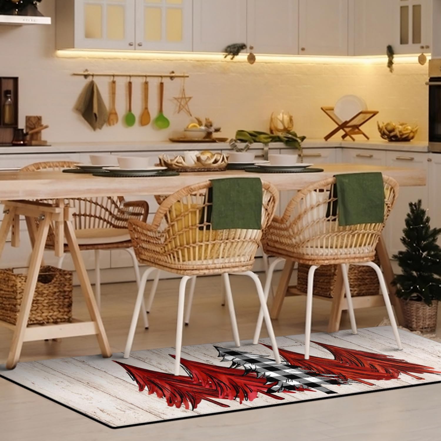 Xsinufn Juego de 2 alfombras y tapetes de cocina de Feliz Navidad, a cuadros, árbol de Navidad, Navidad, invierno, vacaciones, tapete para fregadero