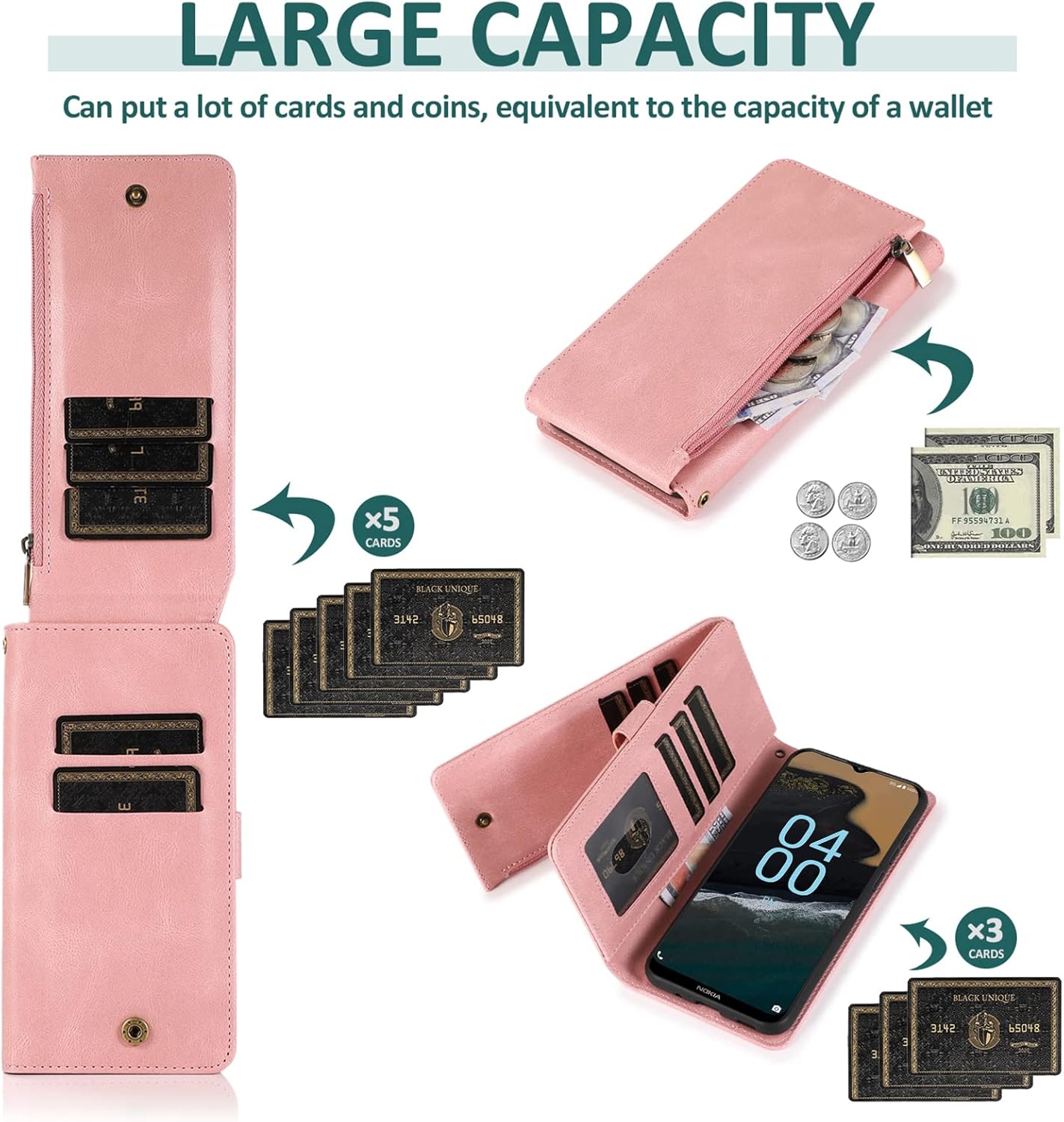 Asuwish Compatible con Nokia G400 5G – Funda tipo cartera de vidrio templado, protector de pantalla y cremallera, de piel retro, soporte para