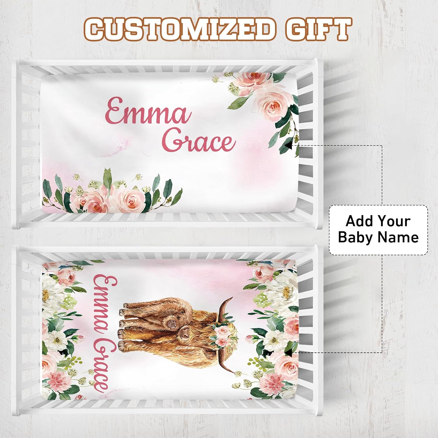 Sábana bajera personalizada para cuna de 2 piezas con nombre, sábanas de colchón para cuna para bebés, niños y niñas, mini cuarto de bebé, sábana de