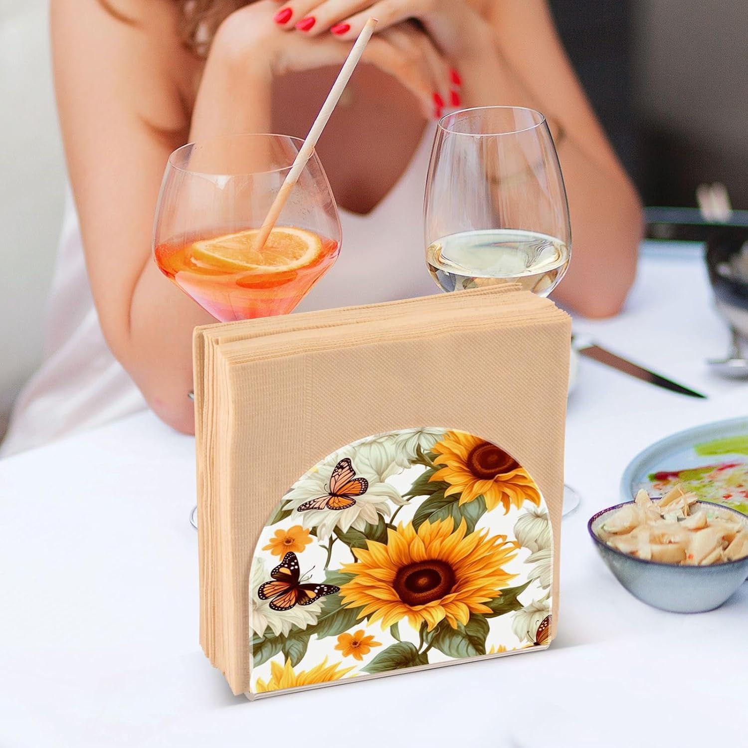 Sunflower and Butterfly Acrylic Napkin Holder Clear Crystal Tissue Paper Dispenser for Table, Kitchen Countertop, Restaurant, Decor