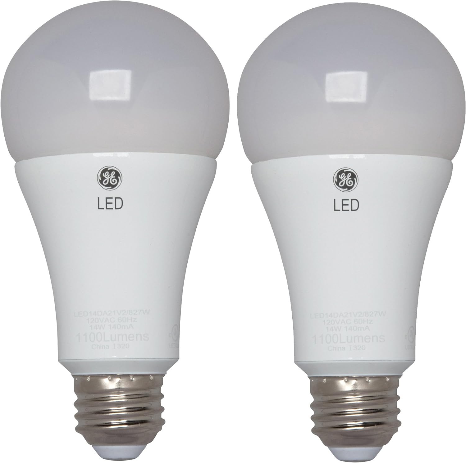 GE 65943 Bombilla LED A19 con base media, 14 vatios, blanco suave, paquete de 2, 2 unidades