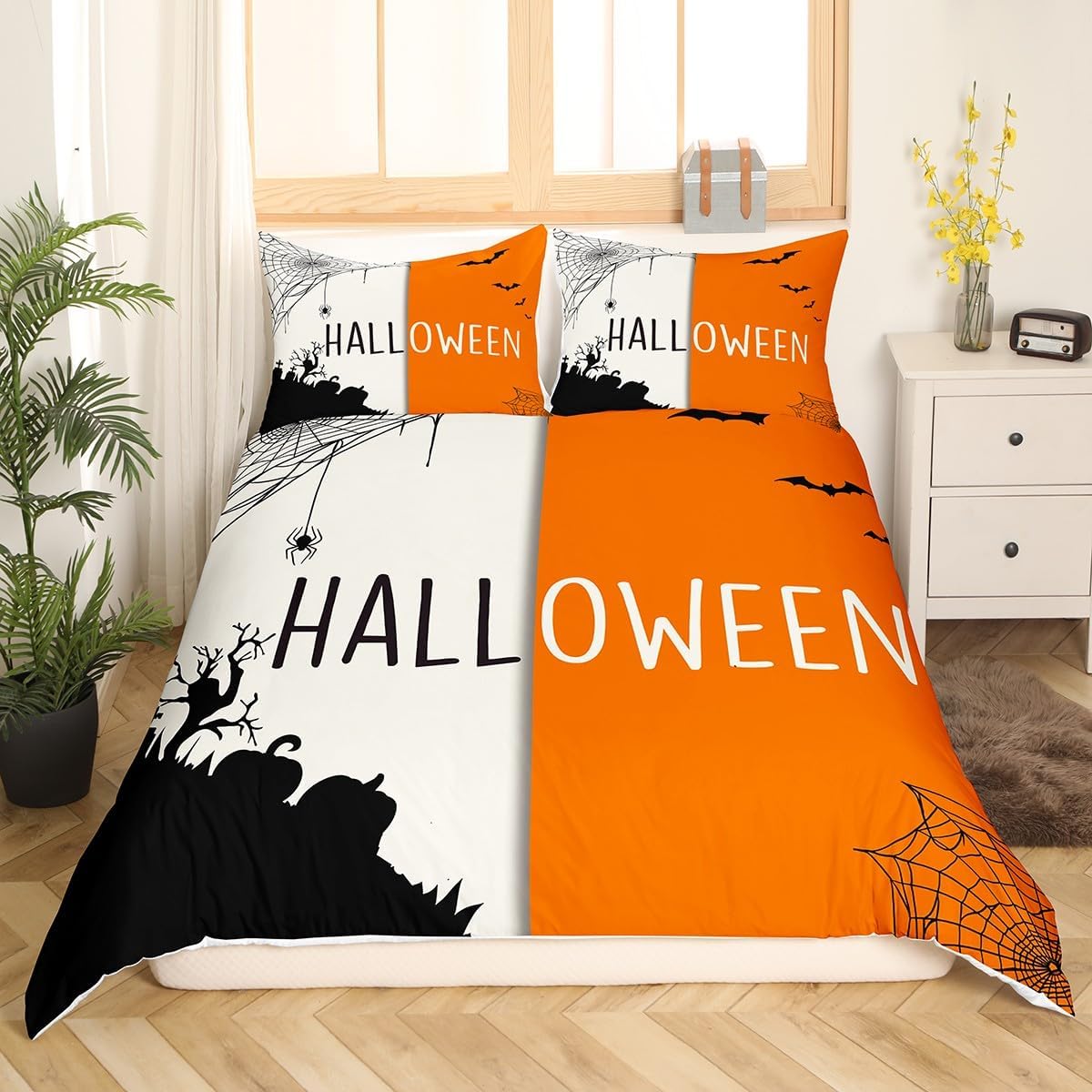 Feelyou Juego de ropa de cama de Halloween para niños y niñas, juego de funda de edredón vintage de Halloween, tamaño Queen, funda de edredón de