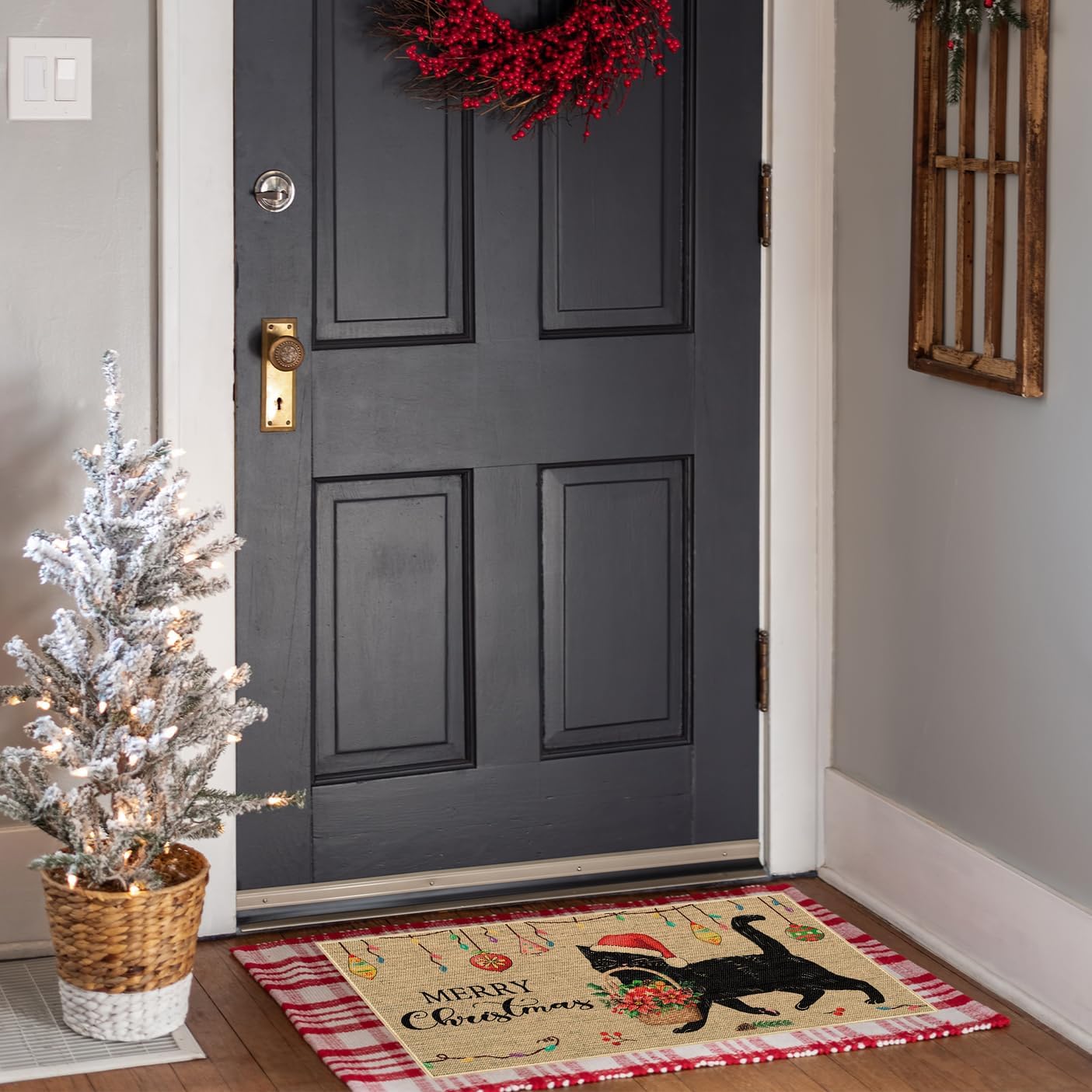 Louise Maelys Tapete de puerta de gato negro de Navidad, antideslizante, con patrón floral para patio, cocina, interior y exterior, entrada, 17 x 29