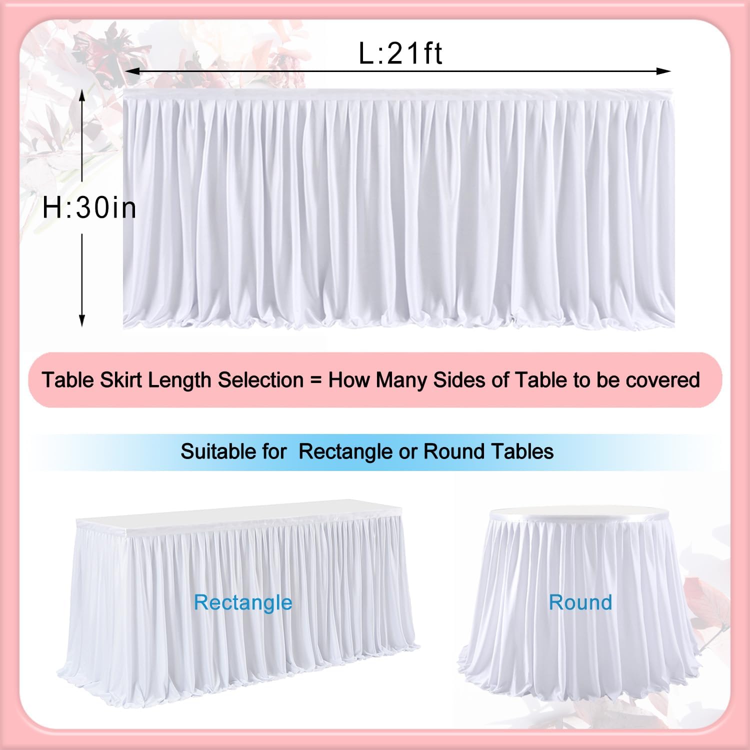 Falda de mesa blanca para mesas rectangulares de 21 pies, mantel con volantes para bautismo, baby shower, boda, bautizo, niña, princesa, fiesta de