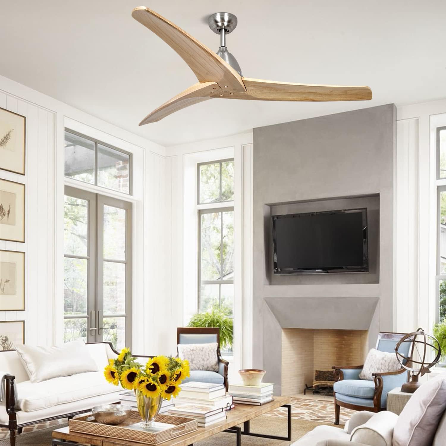 TFVV Ventilador de techo de madera sin luces de 60 pulgadas con control remoto para interiores y exteriores, montaje empotrado, níquel cepillado de