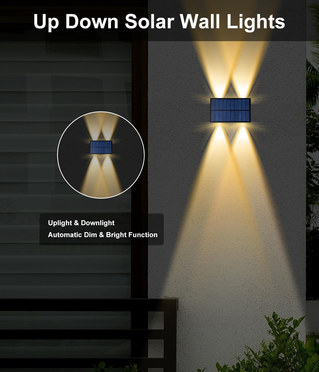 Luces solares impermeables para exteriores, 4 luces LED solares para valla, color blanco cálido, luces solares de pared de atardecer a amanecer,