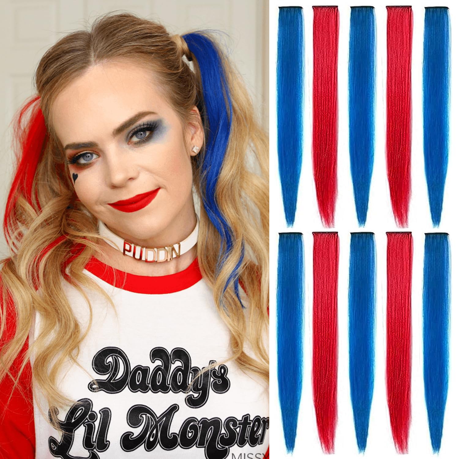 Extensiones de cabello de colores, 10 unidades, extensiones de cabello sintético con clip con reflejos coloridos para fiesta, accesorios de cabello