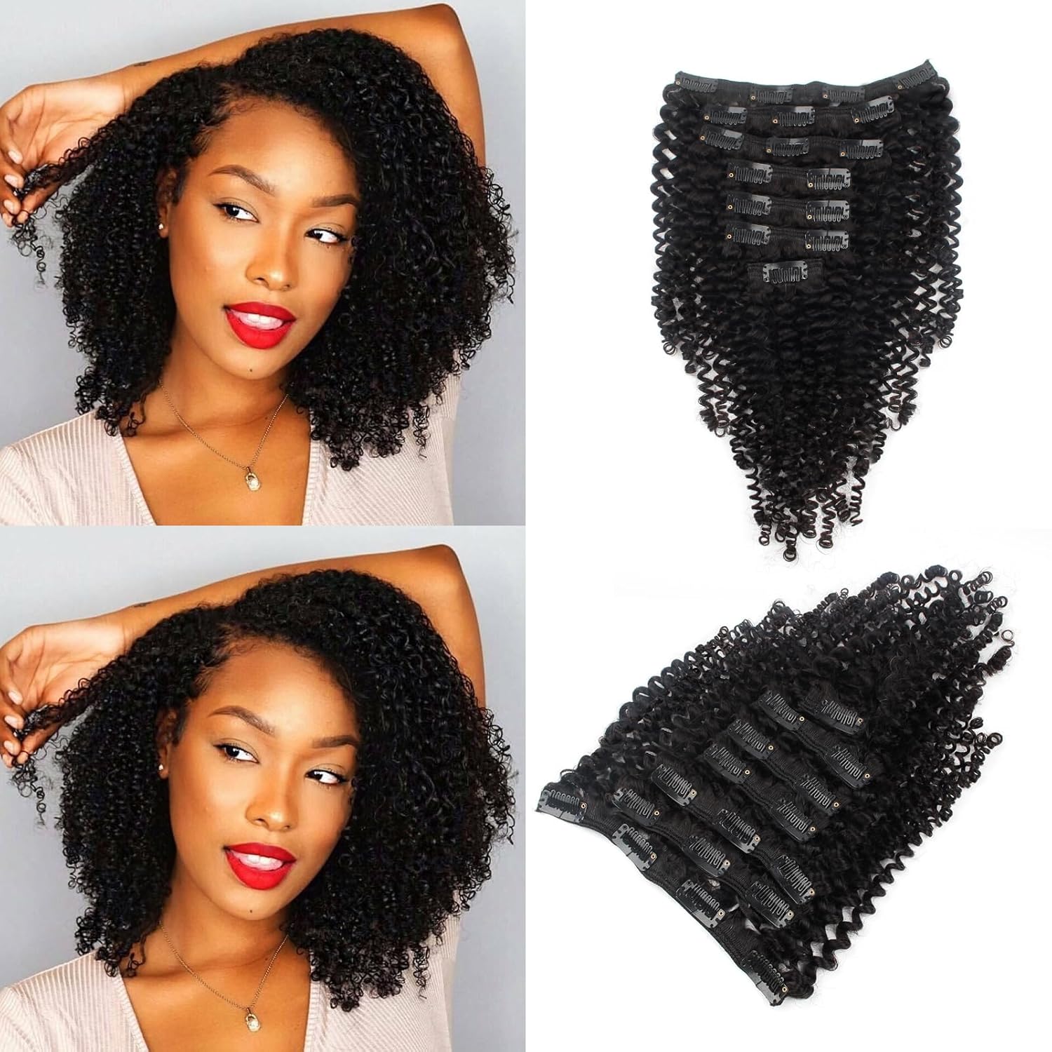 Extensiones de cabello rizado con clip, doble trama, grueso, cabeza completa, color negro natural, 100 % cabello humano virgen Remy, para mujeres