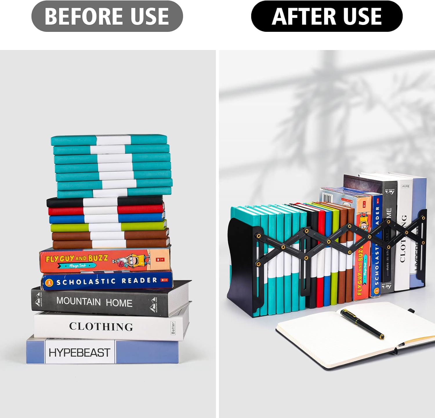 2 sujetalibros ajustables, extremos de metal para libros pesados, 2 divisores, soporte antideslizante para escritorio, estante, oficina, papelería,