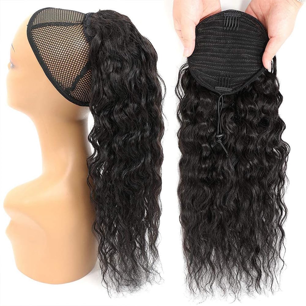 Extensión de cabello humano con cordón de 16 pulgadas, color negro natural para mujer, extensiones de cola de caballo con clip, extensiones de cola