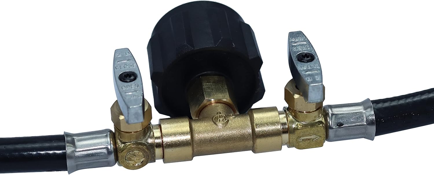 METER STAR Adaptador convertidor de tanque de propano Cga de 5 pies de 2 vías con interruptor y divisor en Y, 350 psi, manguera de extensión de alta