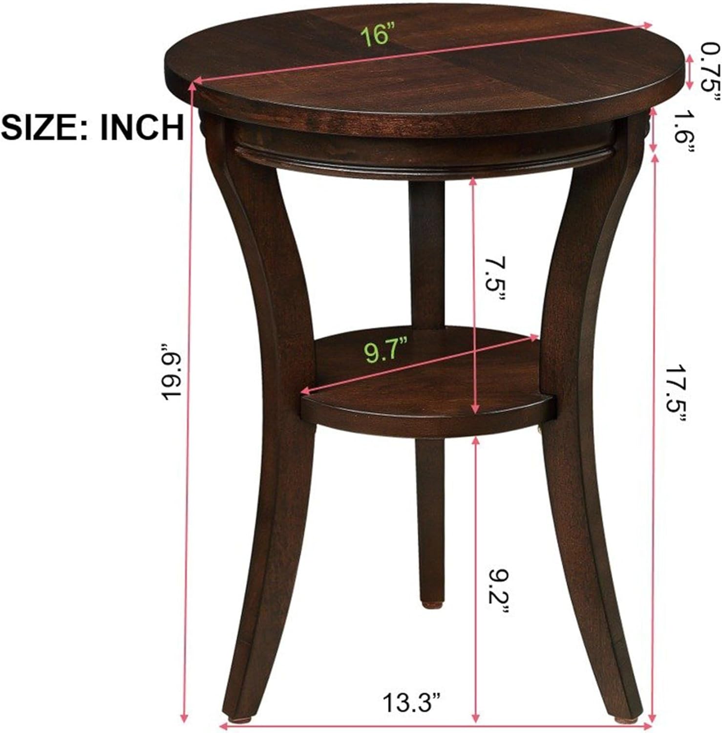 YWUFUART Mesa auxiliar redonda de madera vintage de 16 pulgadas para dormitorio, sala de estar, hogar (espresso)