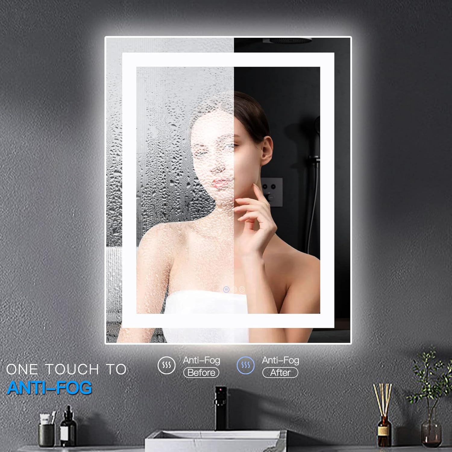 Espejo LED de baño con luces LED de 24 x 30 pulgadas con luz ajustable, antiniebla, a prueba de roturas, memoria, 3 colores, IP45 impermeable, con