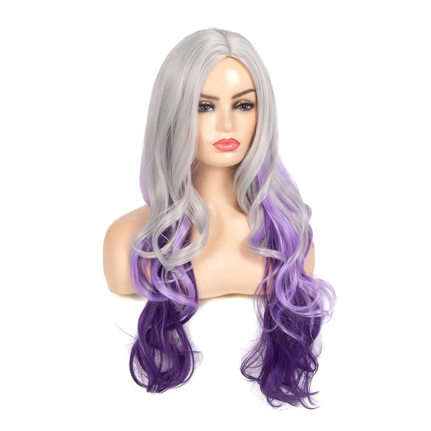 Peluca larga y rizada ondulada gris plateado a morado con parte lateral de aspecto natural sintético Cosplay peluca para mujeres