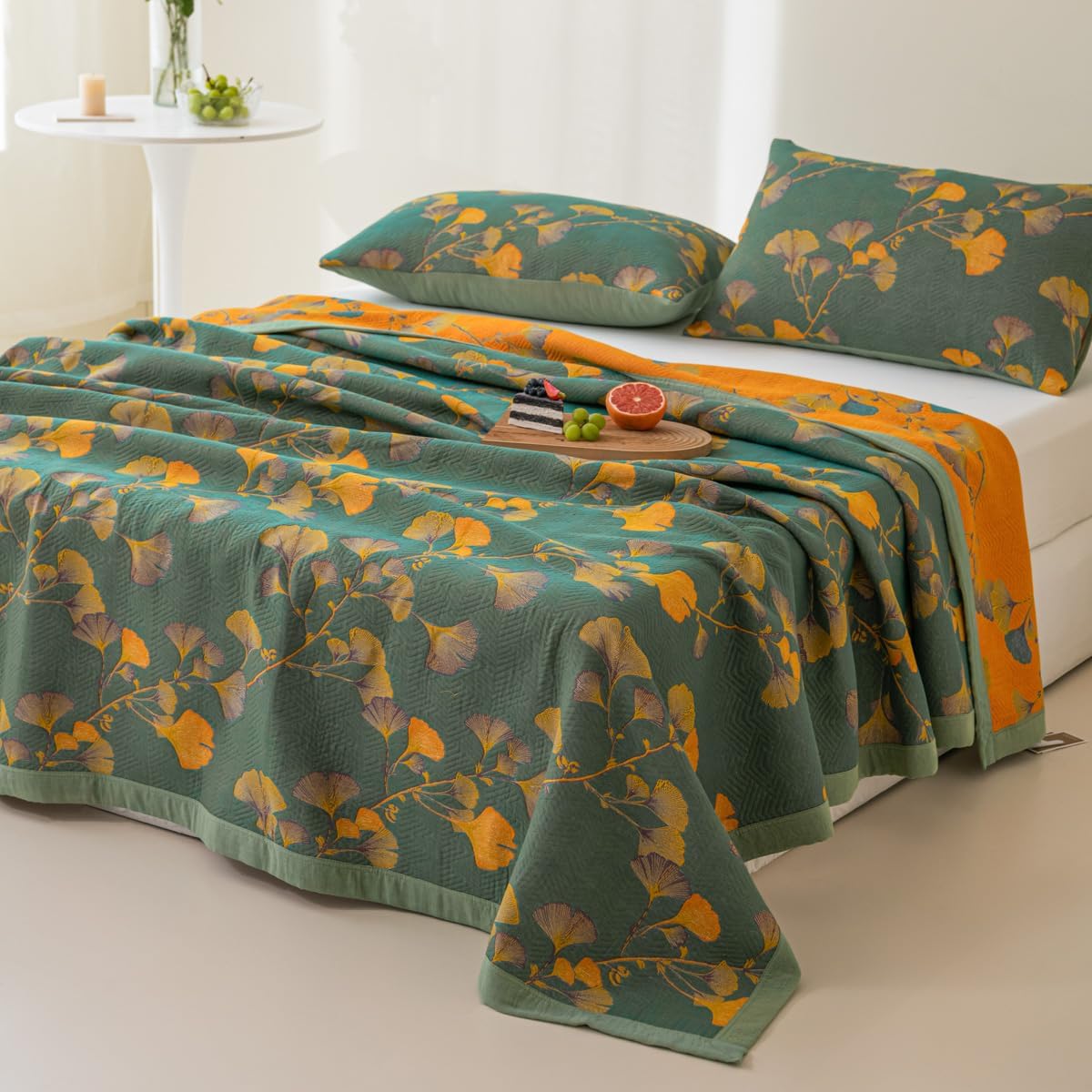 Purefair Edredón jacquard 100% algodón con estampado floral de hojas de ginkgo, funda de cama de muselina suave de 3 capas, colcha reversible
