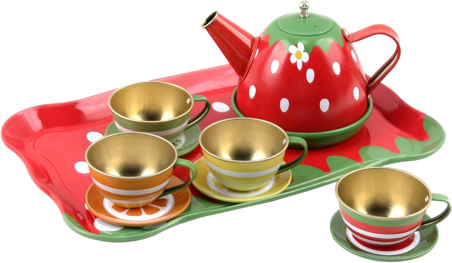 Juego de té de 14 piezas con temática de frutas para niños, construido de material seguro para alimentos, sin BPA, perfecto juguete preescolar de