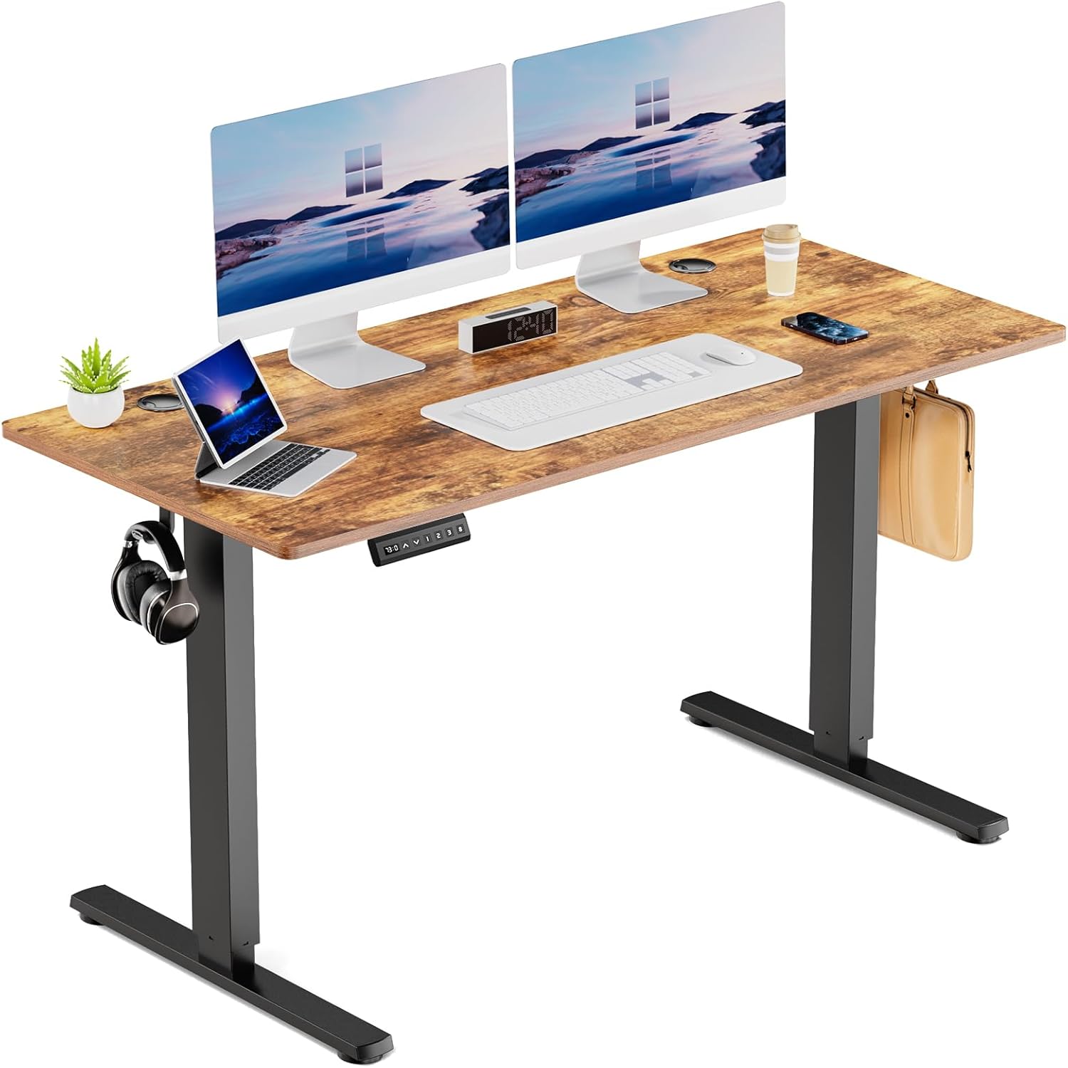 DUMOS Escritorio eléctrico de oficina de pie de 55 pulgadas, altura ajustable, estación de trabajo de PC, mesa de trabajo de madera para el hogar,