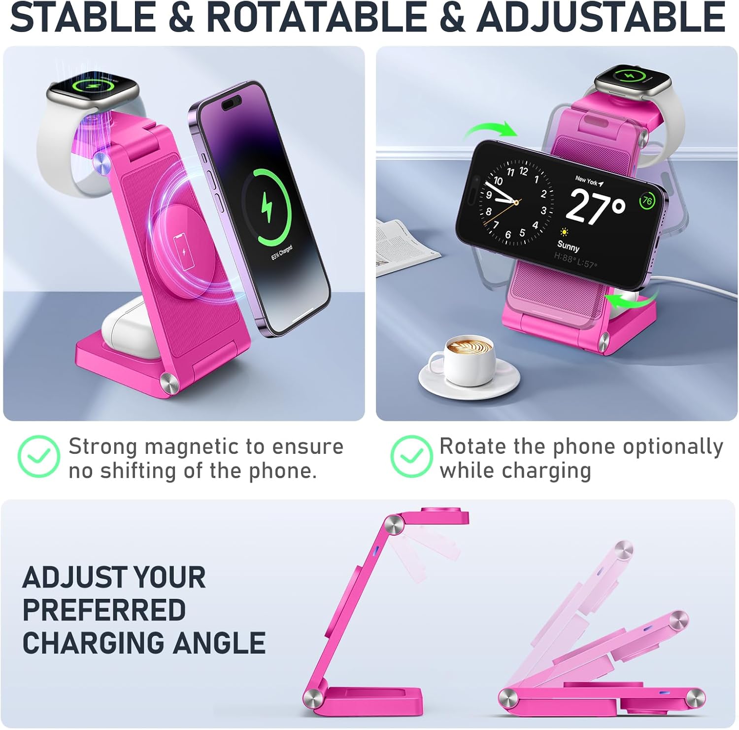 Soporte de cargador inalámbrico magnético, estación de carga inalámbrica plegable 3 en 1, cargador de viaje para múltiples dispositivos para iPhone