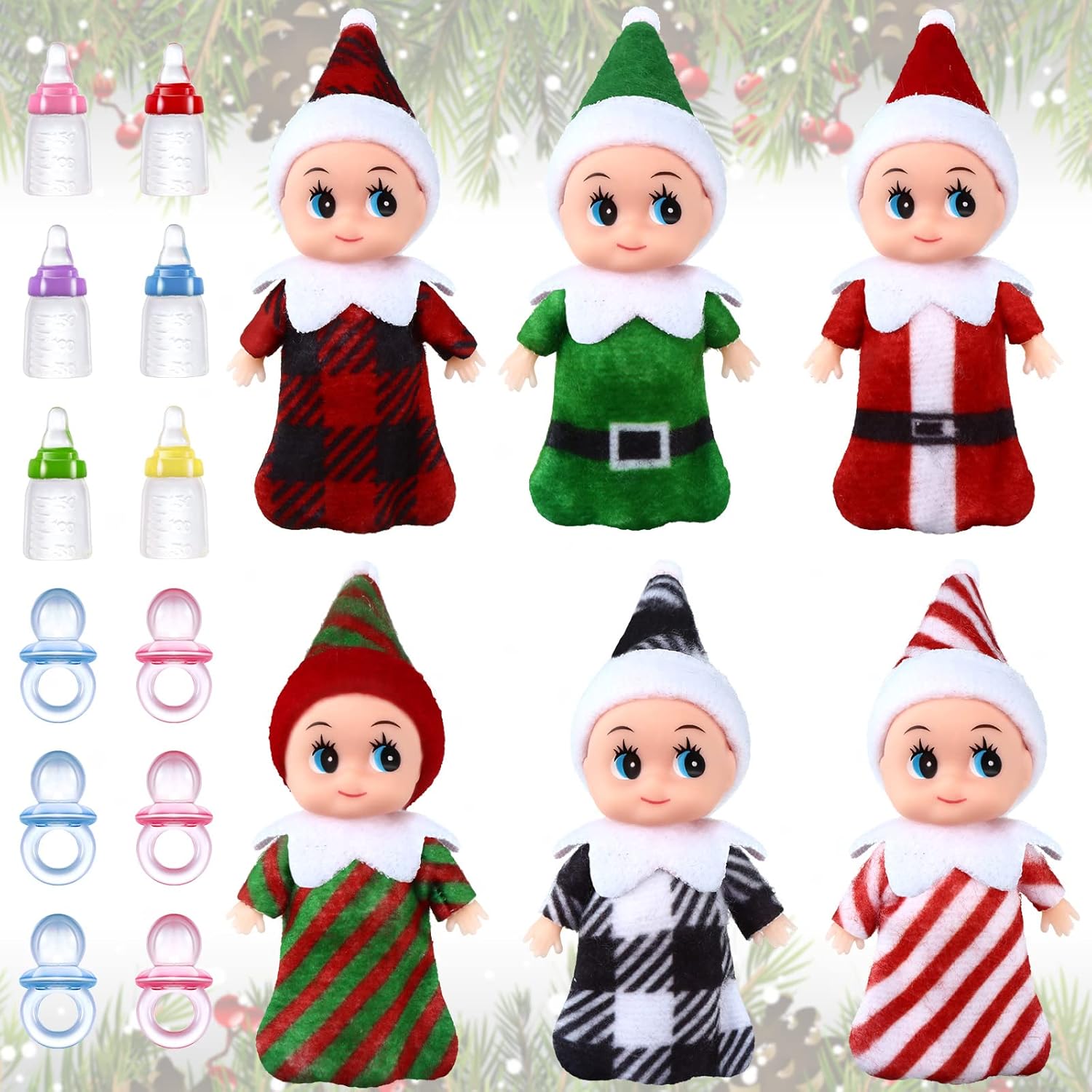 Juego de 18 muñecas elfas pequeñas, 6 elfos de Navidad, 6 botellas de leche de elfo y 6 chupetes de elfo, mini muñecas coloridas de felpa lindas