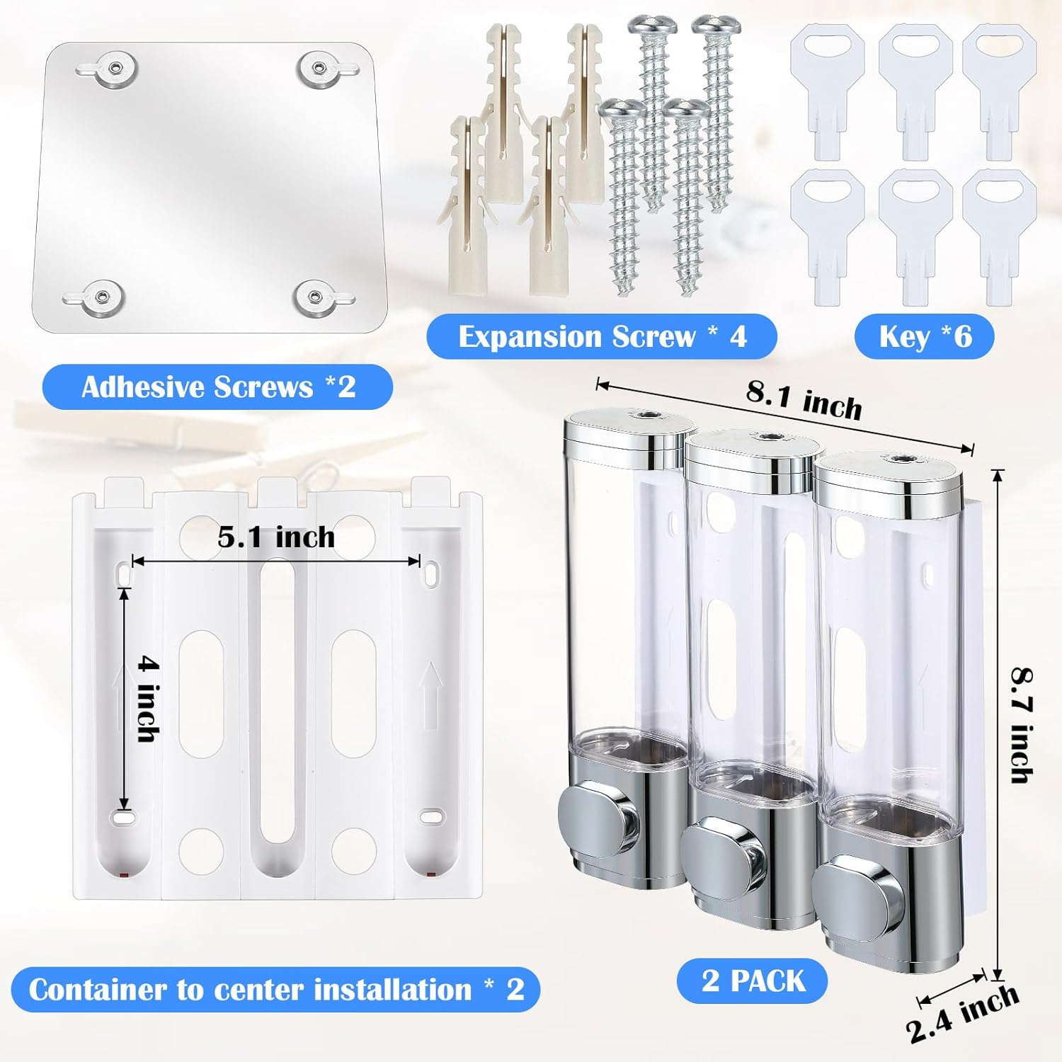 Dispensador de jabón de ducha 3 en 1, dispensador de champú y acondicionador montado en la pared, dispensador de 3 cámaras sin taladro, separador de
