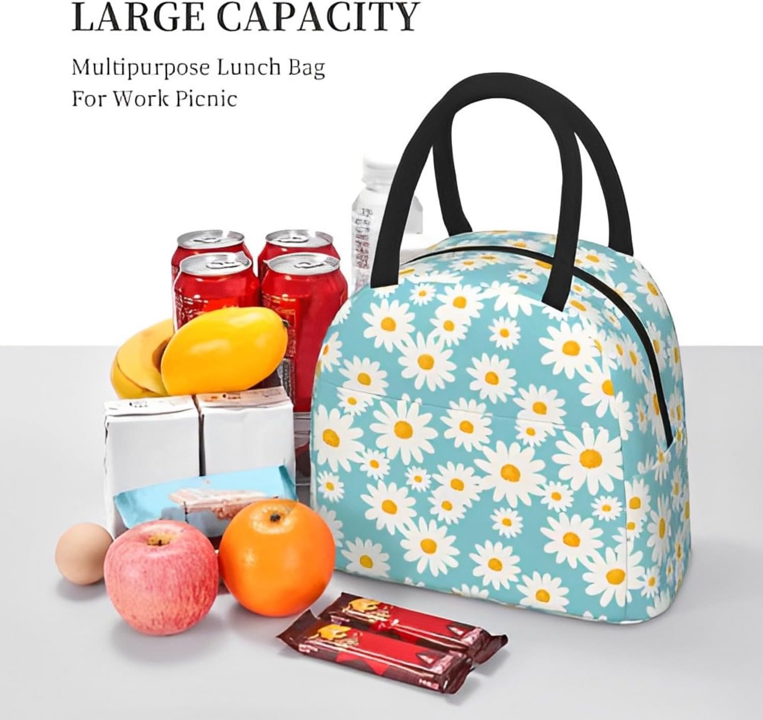 Daisy Flora – Lonchera térmica para mujeres, lonchera portátil con diseño de margaritas y flores, reutilizable, térmica, bolsa de almuerzo para la