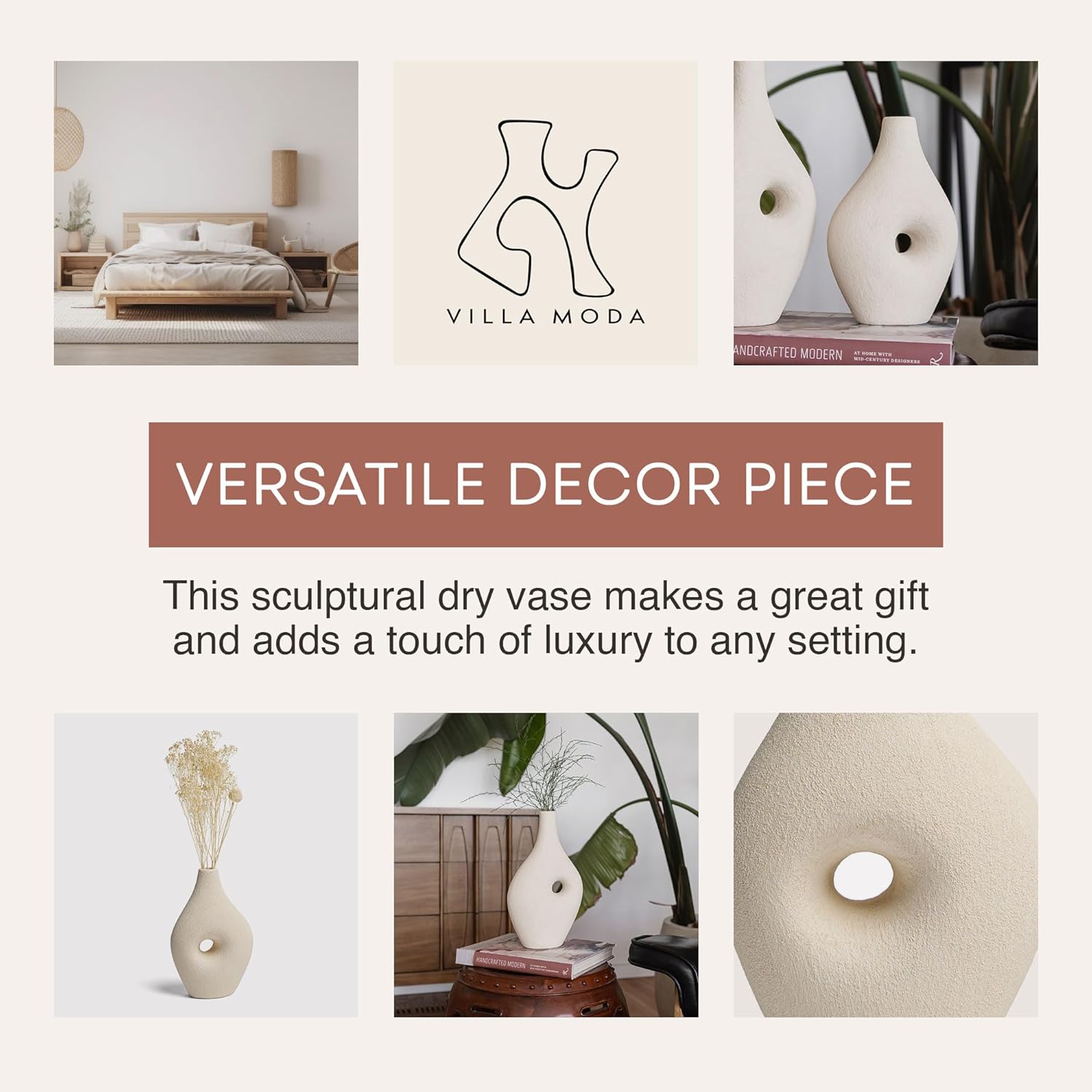Villa Moda Silke – Jarrón decorativo moderno grande Genie, mediano, color blanco