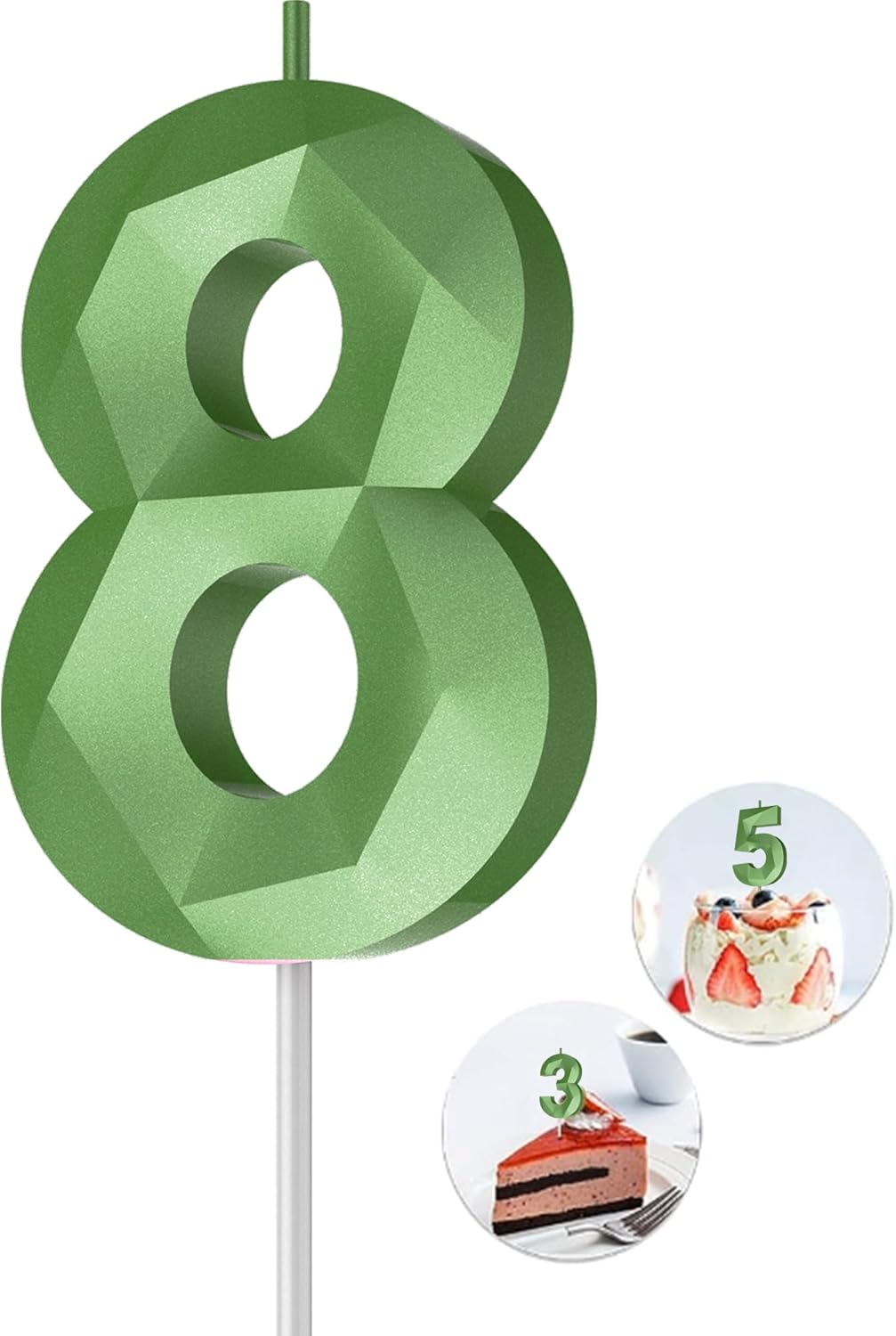 Velas de cumpleaños con número (8 velas verdes) con forma de diamante 3D, velas de pastel de feliz cumpleaños para fiesta de cumpleaños, boda,