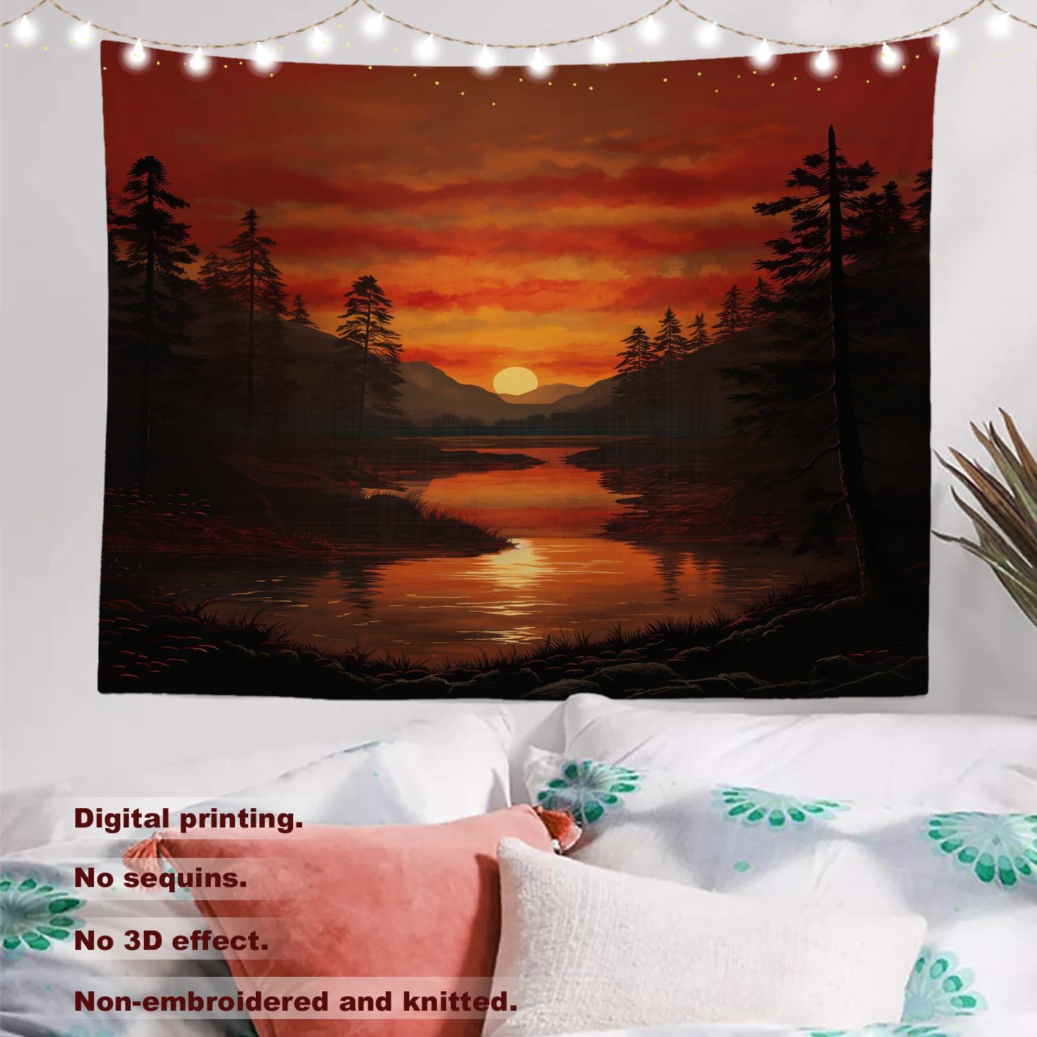 Batmerry Tapiz de los lagos del atardecer, montañas orientales y lagos al atardecer, decoración colgante de fibra de poliéster con volantes blancos
