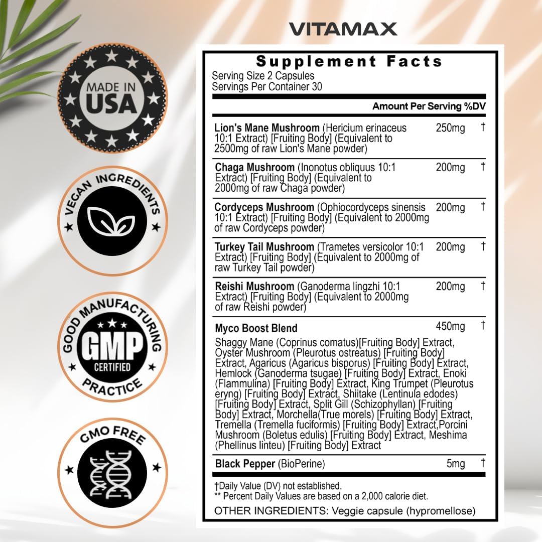 Vitamax Seta de melena de leones, 3000 mg de cola de pavo 2000 mg Chaga y Reishi 1000 mg Cordyceps Shiitake White Elm King Trompeta Nameko Oyster