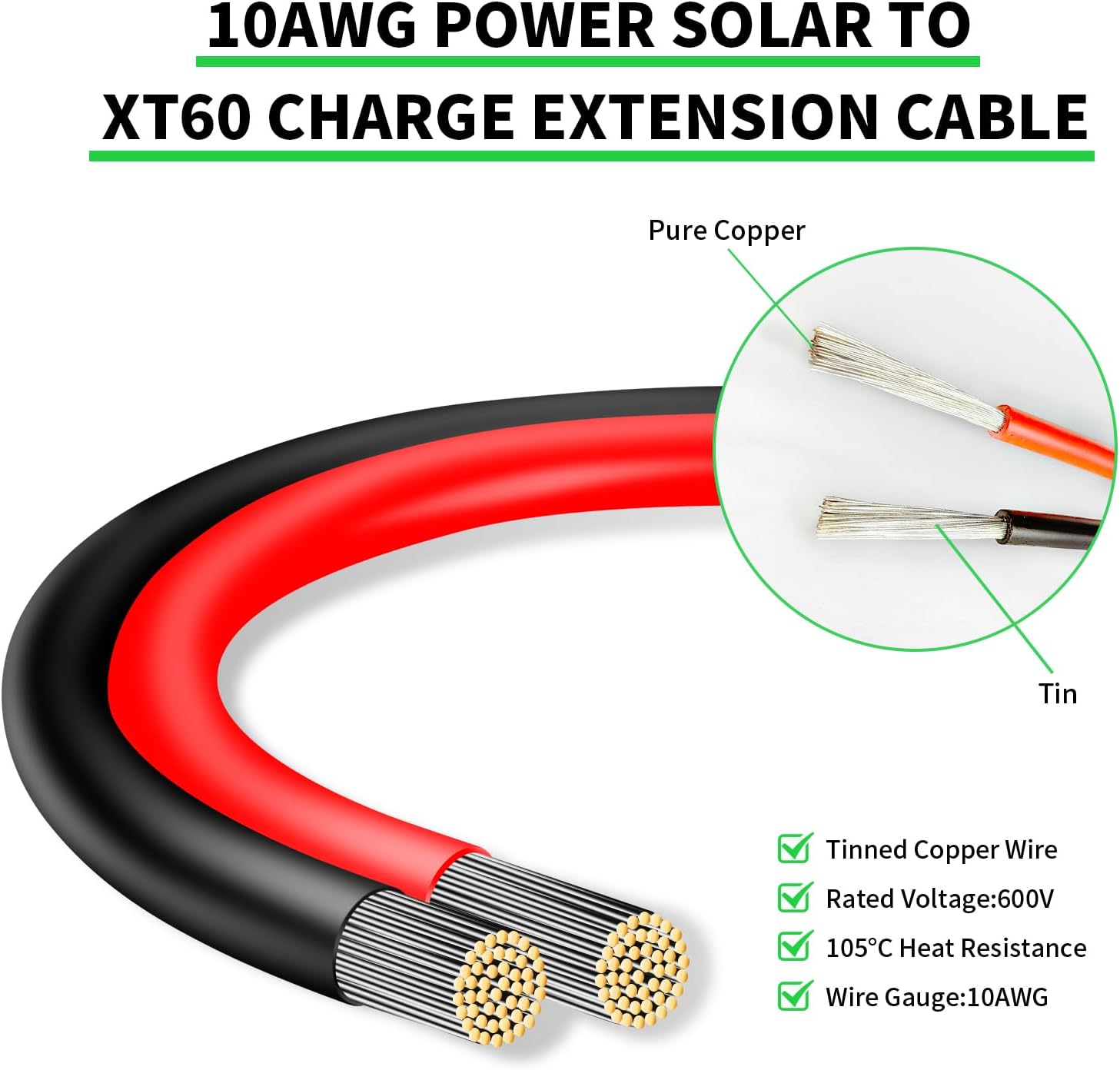 Cable conector de panel solar a XT60 de 5 pies, cable de extensión de carga solar de 10 AWG a XT60 XT60 (hembra de enchufe) para panel solar