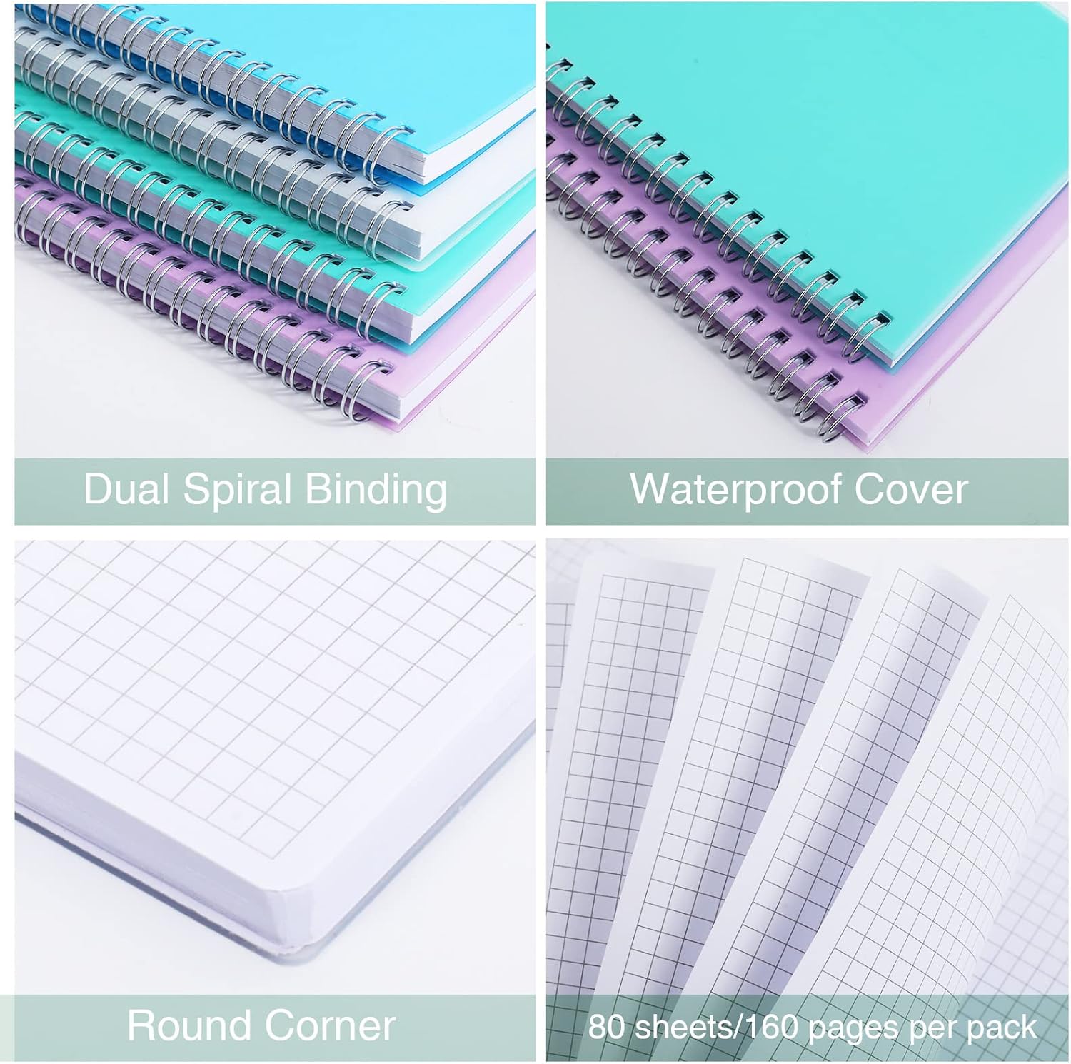 Cuadernos de papel cuadriculado, paquete de 4 cuadernos de cuadrícula en espiral de 5.7 x 8.3 pulgadas, 640 páginas, bonitos cuadernos de