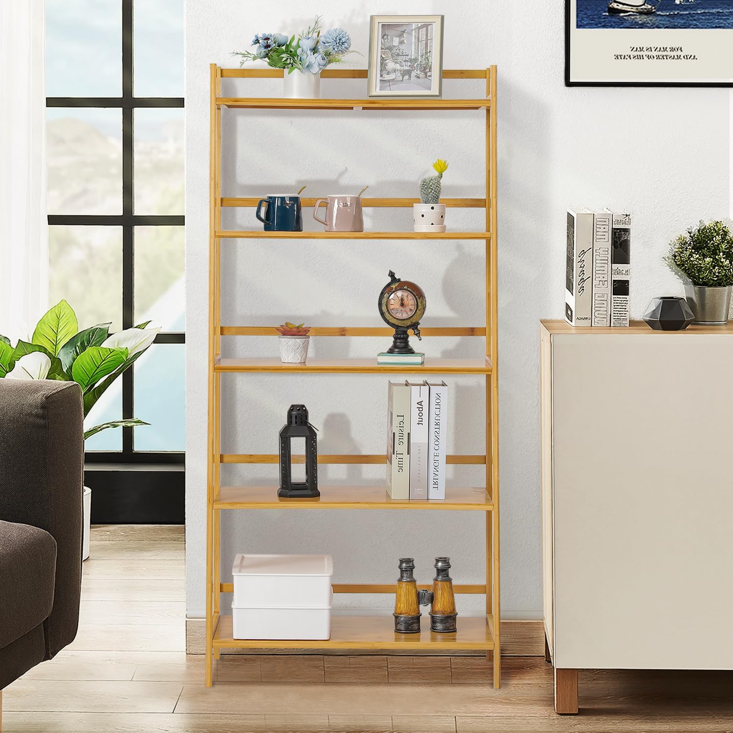 Magshion Organizador trapezoidal de bambú para estantes de flores, 5 niveles, para interiores y exteriores, soporte organizador de macetas de bambú