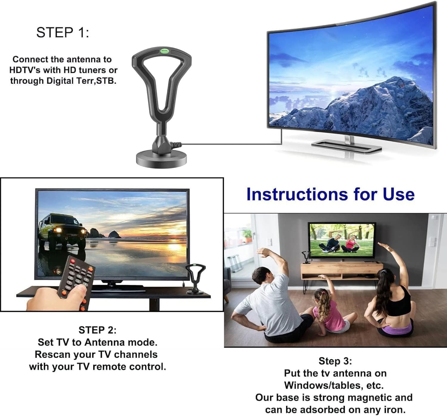 Antena de TV HD de rango de más de 220 millas con base magnética fuerte, antena digital para interiores mejorada 2023 para Smart TV, compatible con