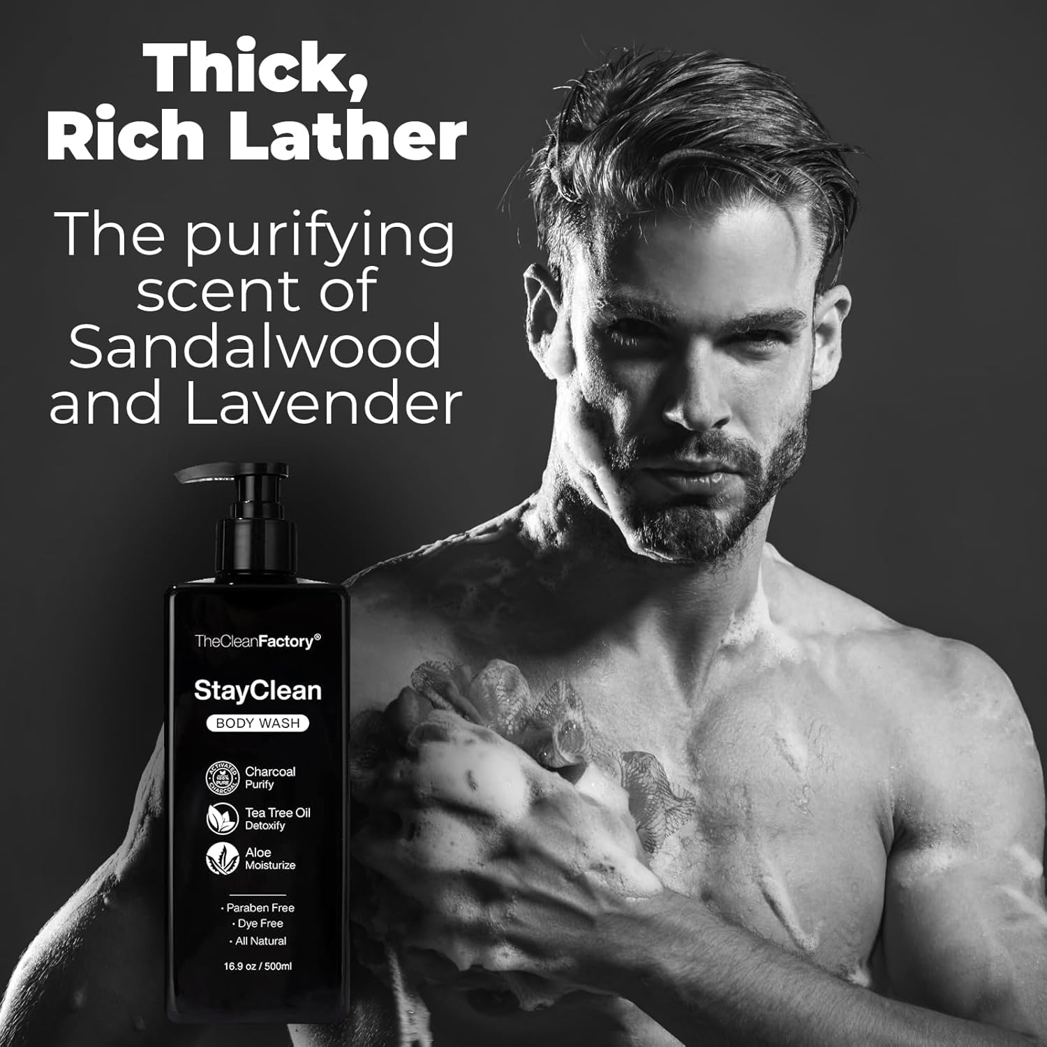 The Clean Factory StayClean Gel de baño para hombre con tecnología hidratante StayClean las 24 horas. Árbol de té de carbón activado y aloe. Jabón