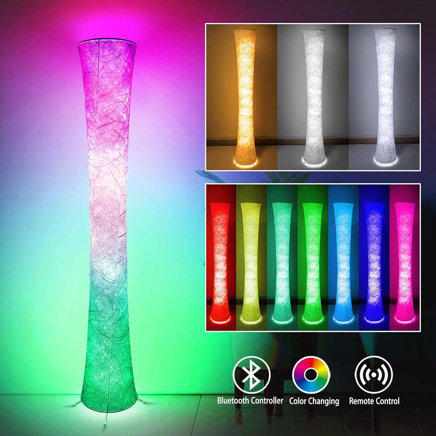 Lámpara de pie, lámpara inteligente LED que cambia de color RGB, sincronización de música, control remoto por aplicación, lámpara de pie de 62