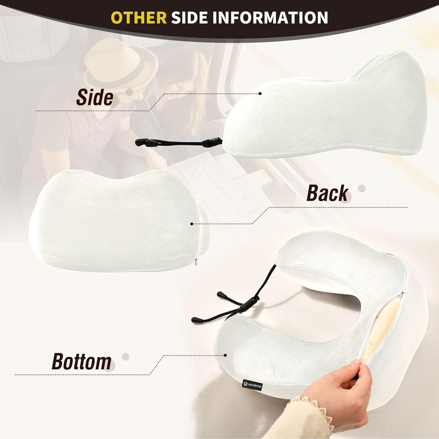 Almohada de viaje de color marfil para cama de viaje de coche, almohada de espuma viscoelástica en forma de U para el cuello, color marfil