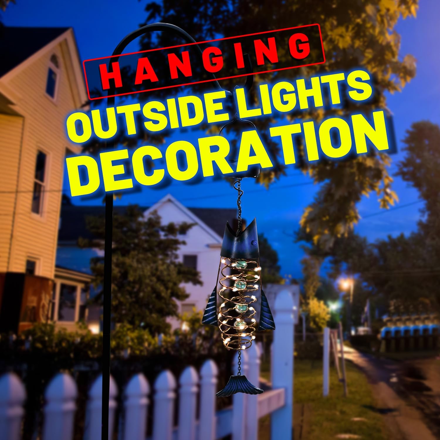 HONGLAND Paquete de 2 faroles solares para exteriores  Decoración colgante de peces de metal  Luces LED cálidas impermeables para exteriores