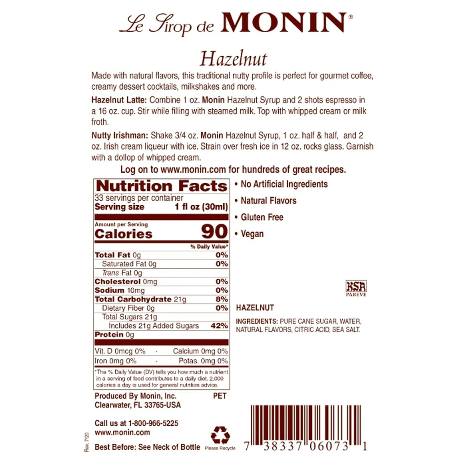 Monin – Jarabe de avellana, sabor a nuez de avellana caramelizada, sabores naturales, ideal para mocas, lattes, batidos, batidos y cócteles, sin