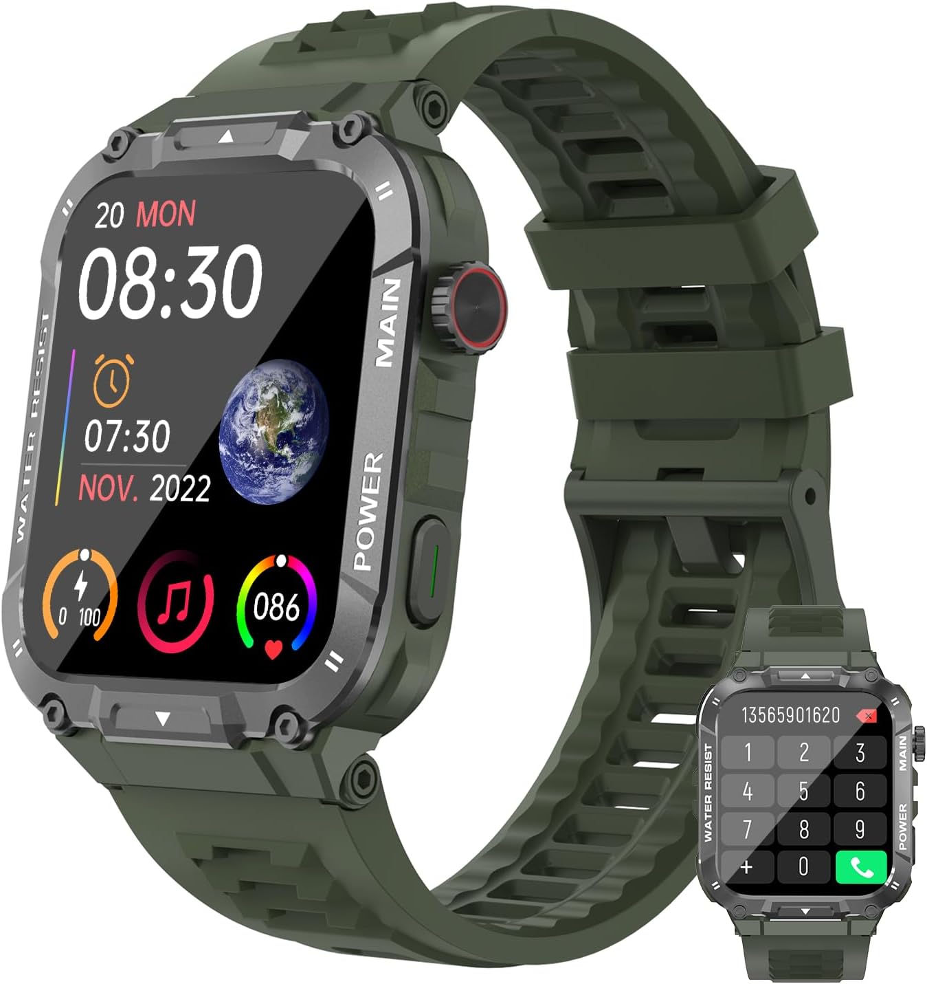 Reloj inteligente para hombre (contestaciónmarcación), resistente al agua 5 ATM, 1.96 pulgadas, HD, resistente reloj táctico para Android iOS