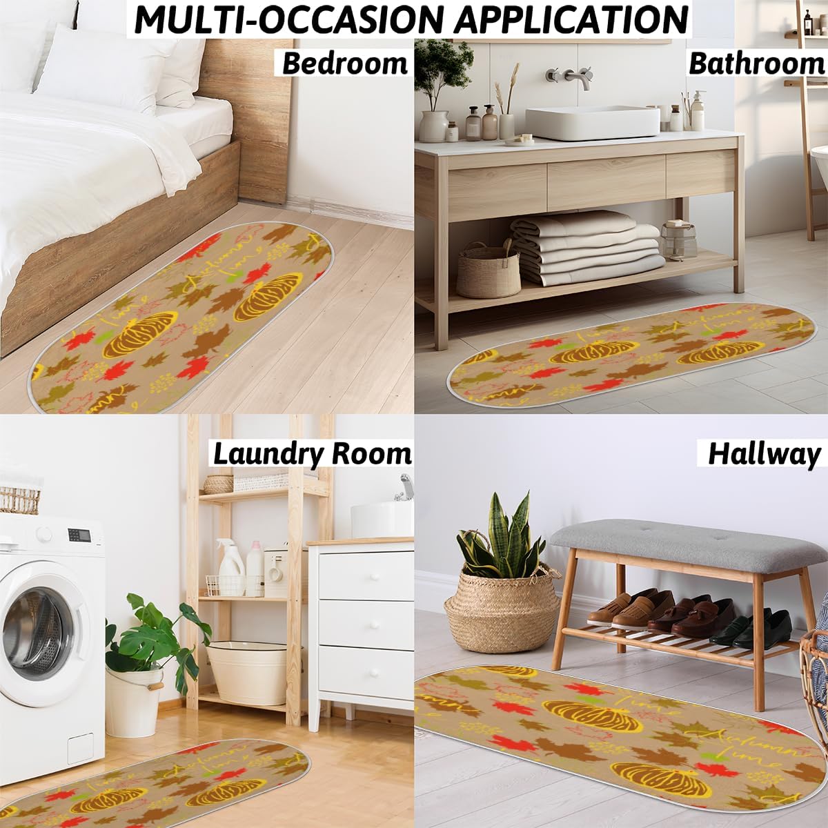 Autumn Pumpkin Maple Leaves Memory Foam Bathroom Rug Runner Soft Cozy Bath Rug Water Absorbent Non-Slip Bathroom Mat Thick Velvet Shower Mat Bath