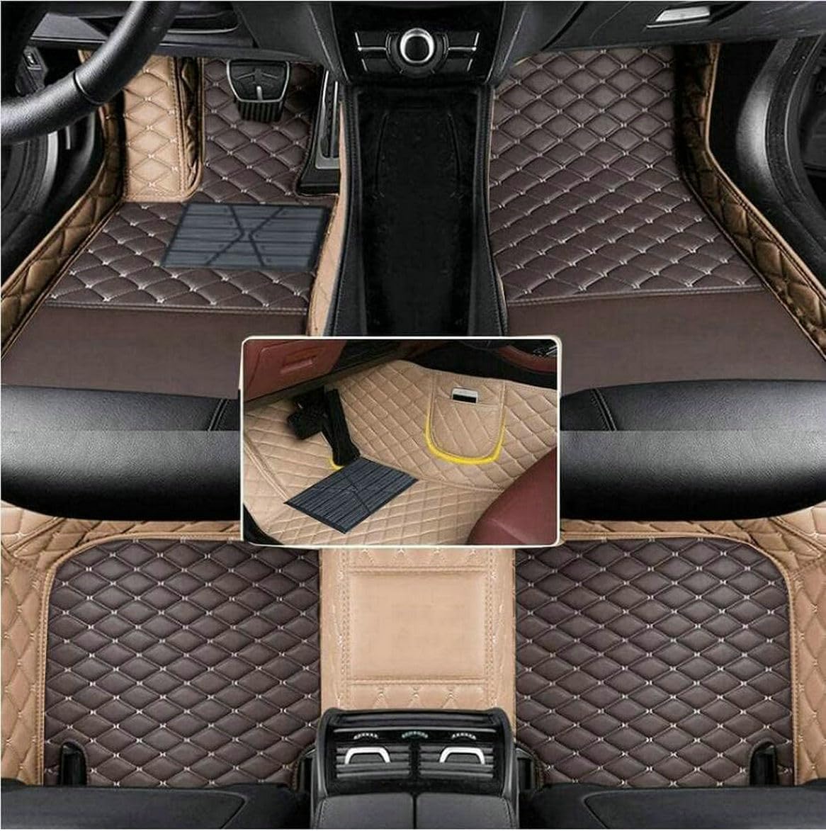 Alfombrillas de cuero de lujo personalizadas para automóvil, tapetes antideslizantes para todo tipo de clima (marrón oscuro beige)