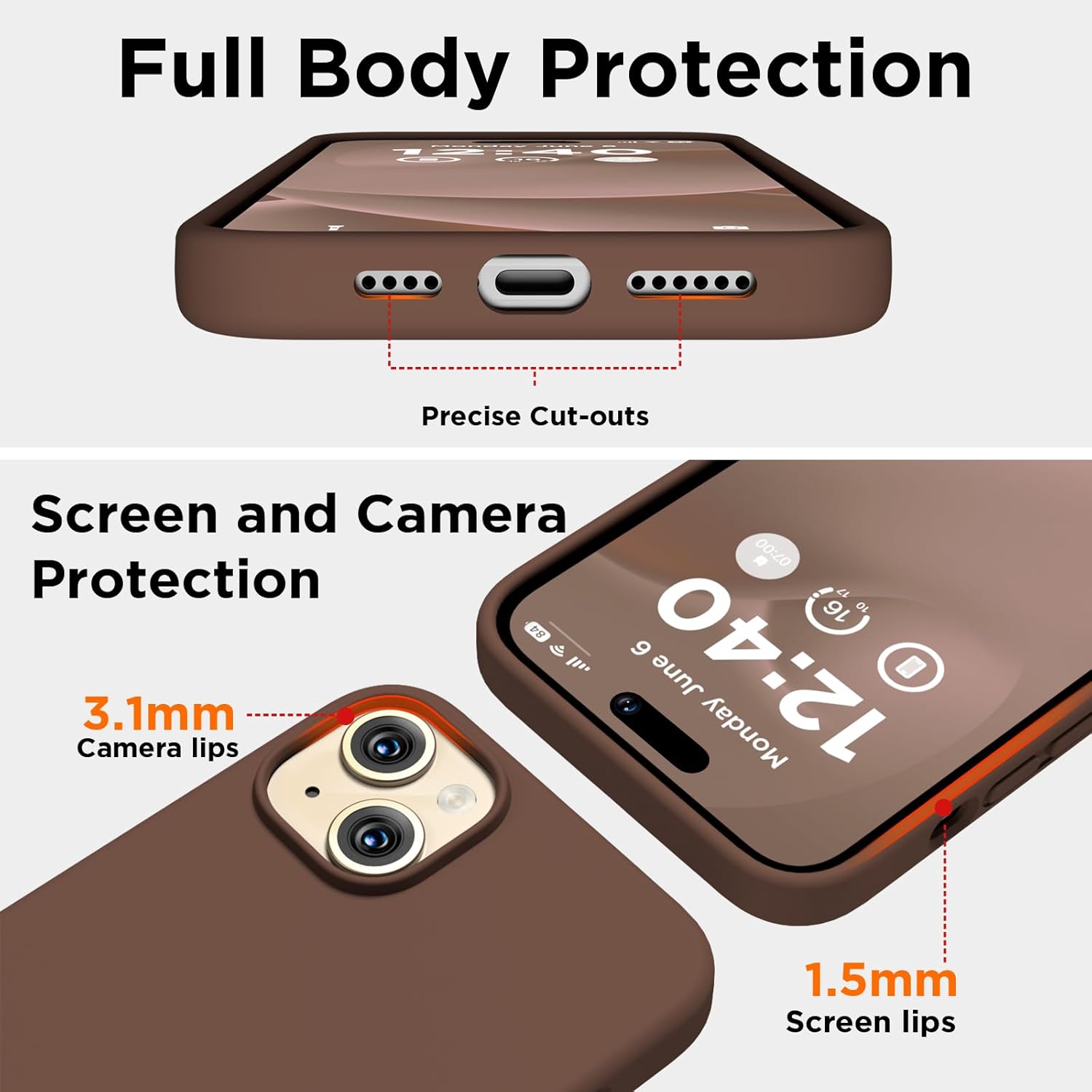 Compatible con iPhone 15, funda de silicona líquida, funda protectora de cuerpo completo a prueba de golpes forro de microfibra suave, funda delgada