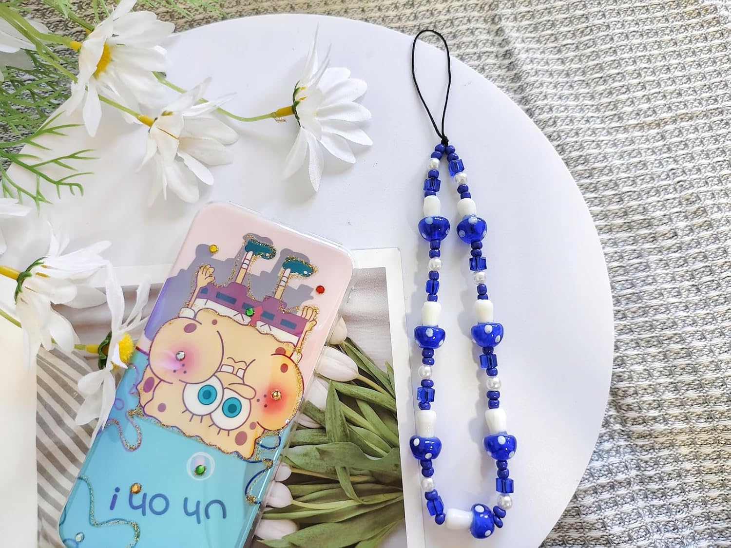 1  2 unidades de cordón con cuentas de hongos azulrojoverde para teléfono, accesorios estéticos, correa de muñeca dulce, cadena antipérdida para