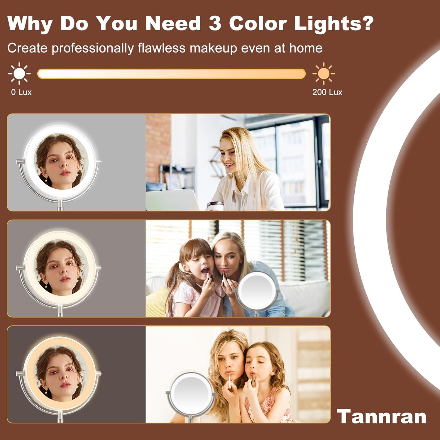 TANNRAN Espejo de maquillaje iluminado con aumento, espejo de tocador LED, espejo de aumento 1X7X, espejo de doble cara. Viene con caja de lápiz
